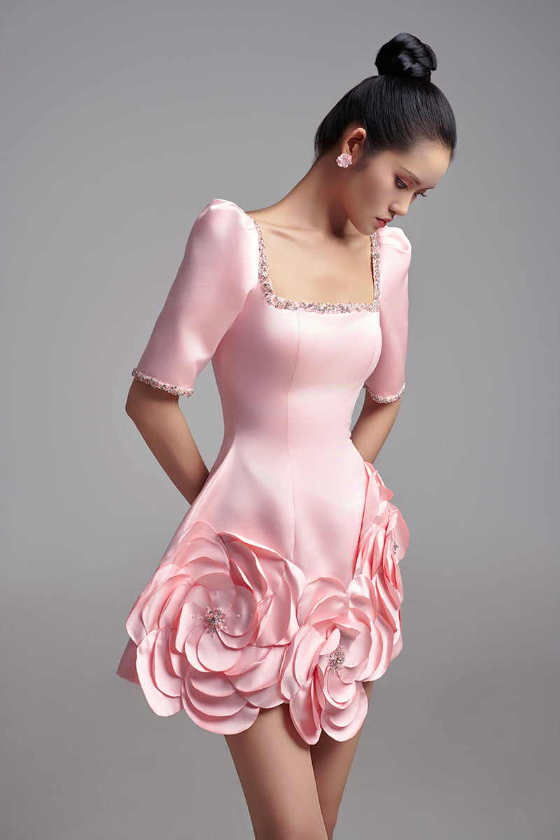 3D FLORAL SQUARE NECKLINE SILK TAFFETA MINI DRESS - CULT MIA