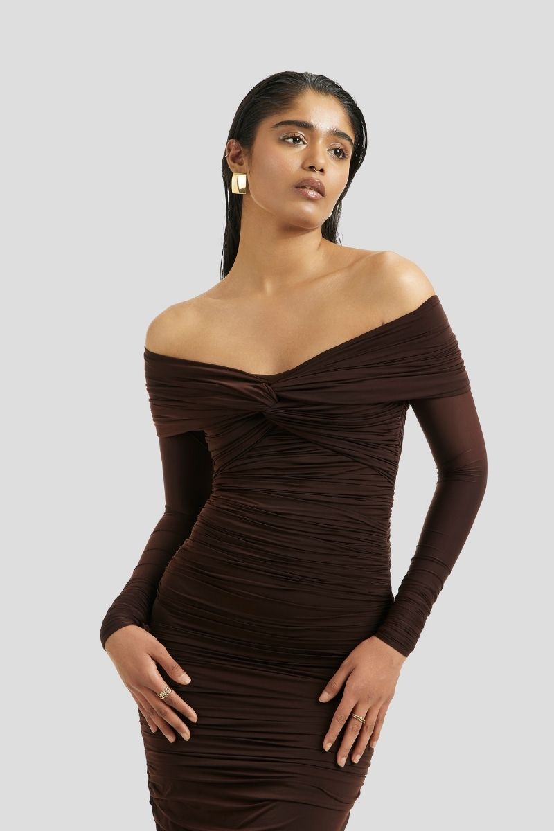 ESME MIDI DRESS IN CHOCOLATE BROWN - CULT MIA