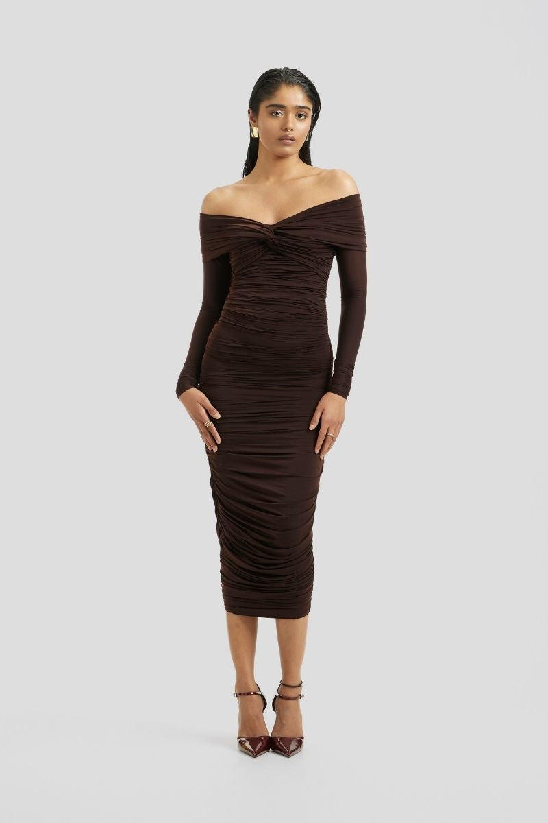 ESME MIDI DRESS IN CHOCOLATE BROWN - CULT MIA