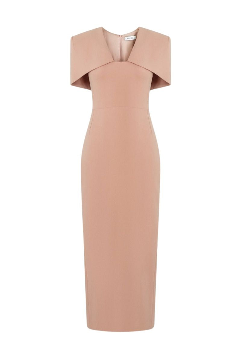 coral color dress LEKIEU BURFORD CORAL MIDI DRESS