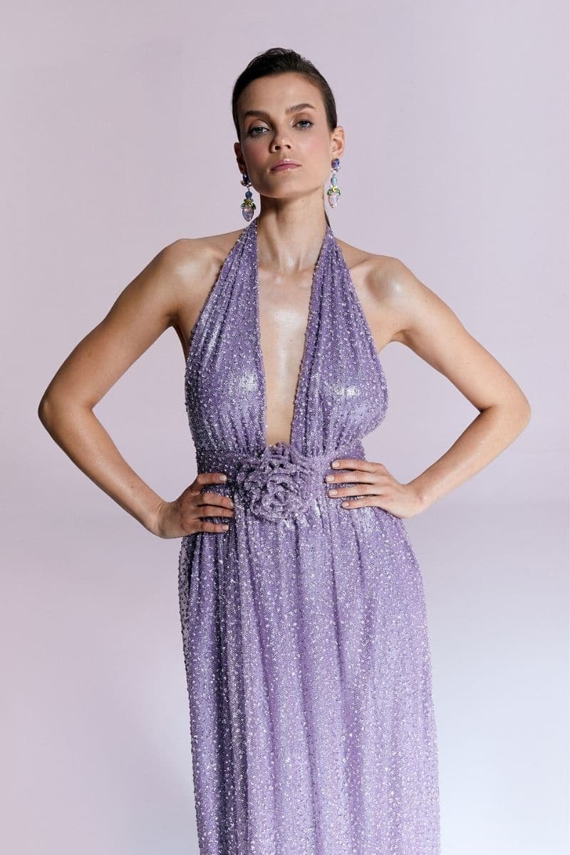 VILLA D'ESTE PURPLE V-NECK GOWN - CULT MIA
