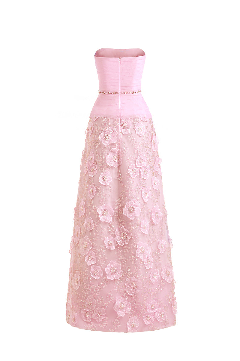 STRAPLESS PINK MAXI DRESS WITH FLORAL DETAILS - CULT MIA