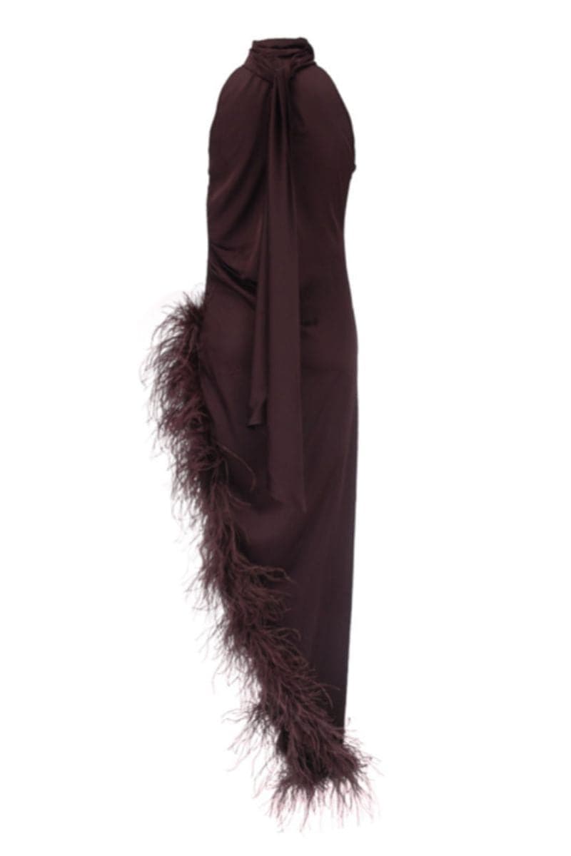BROWN MIDI DRESS WITH BOA - CULT MIA