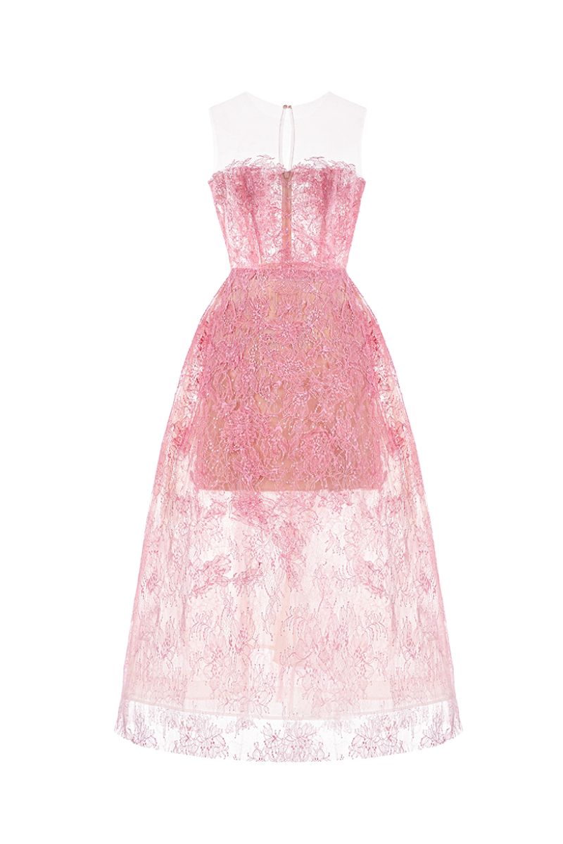 PINK BEADED LACE MIDI DRESS - CULT MIA