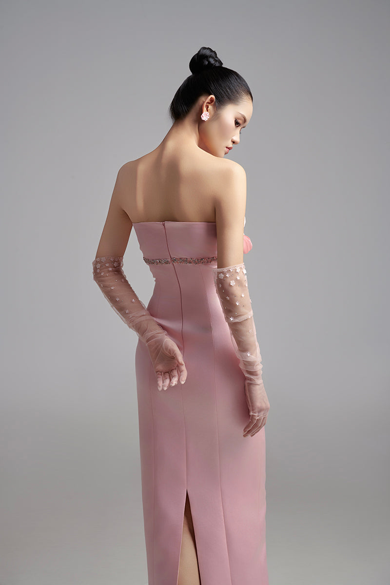 STRAPLESS PETAL MAXI DRESS WITH GLOVES - CULT MIA