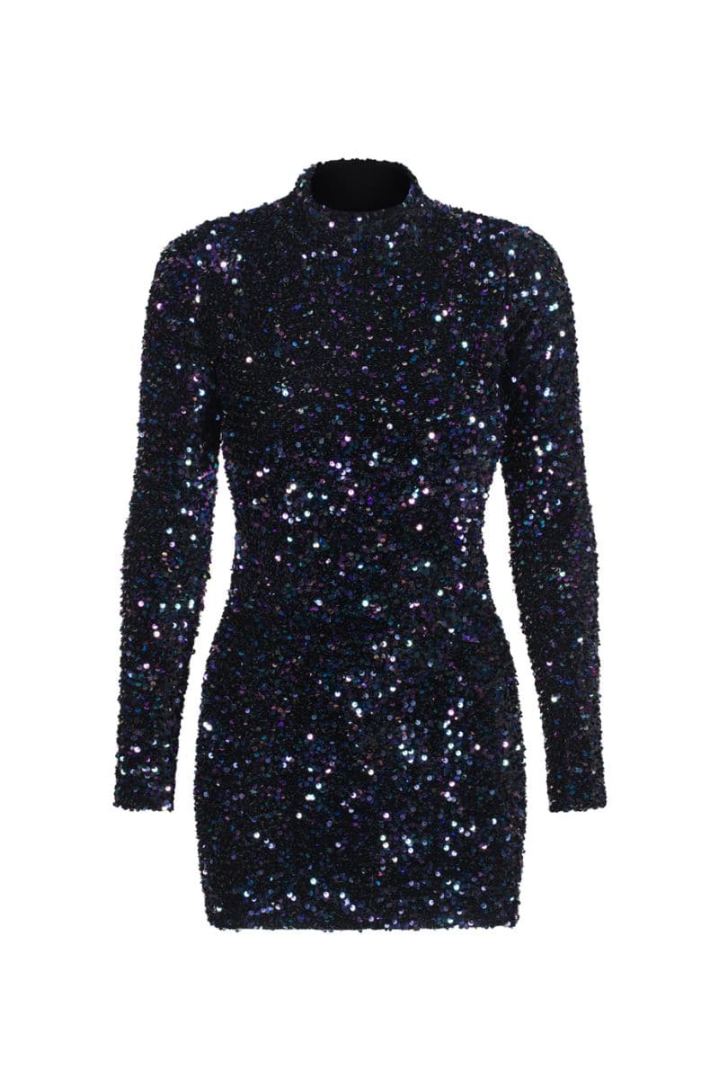 long sleeve blue sequin mini dress Long Sleeve Sequin Dress for Women Sequin A Line Mini Dress with Belt (Blue XXS)