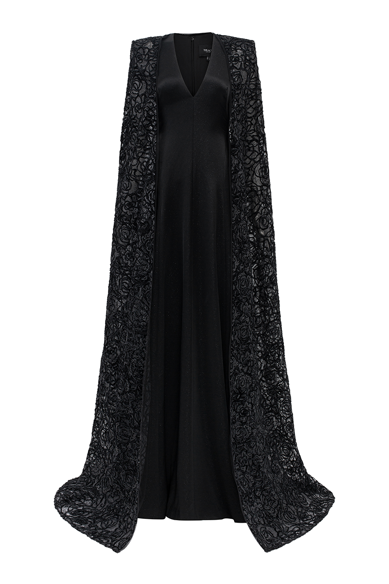 STYLIZED NECKLINE WAVY FLOWING CAPE SLEEVES DRESS | CULT MIA | Tracy Studio STYLIZED NECKLINE WAVY FLOWING CAPE SLEEVES DRESS | CULT MIA | Tracy Studio