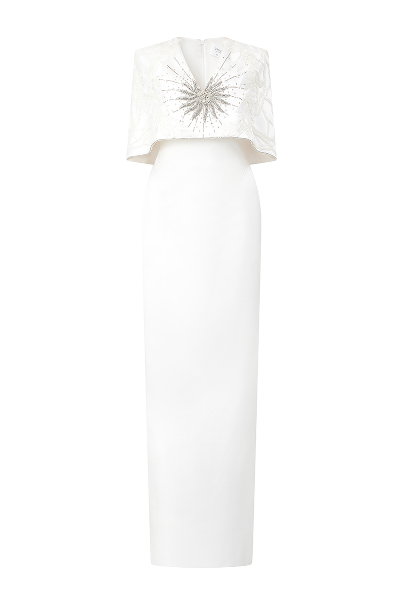 WHITE V-NECK CAPE SLEEVES STRAIGHT GOWN | CULT MIA | Tracy Studio WHITE V-NECK CAPE SLEEVES STRAIGHT GOWN | CULT MIA | Tracy Studio