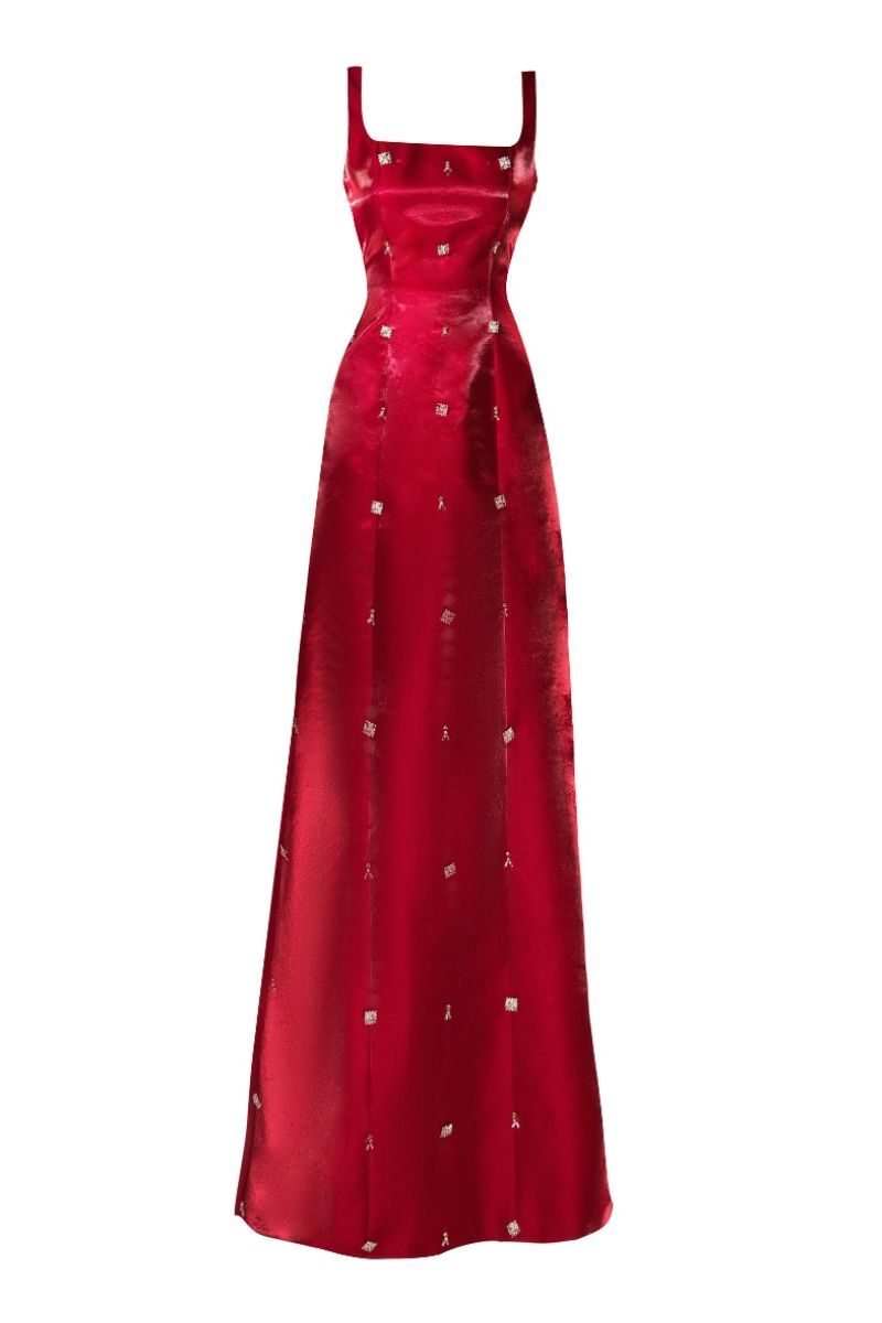 HAPPY CLOTHING RED SQUARE NECK TAFFETA MAXI DRESS | Cult Mia HAPPY CLOTHING RED SQUARE NECK TAFFETA MAXI DRESS | Cult Mia
