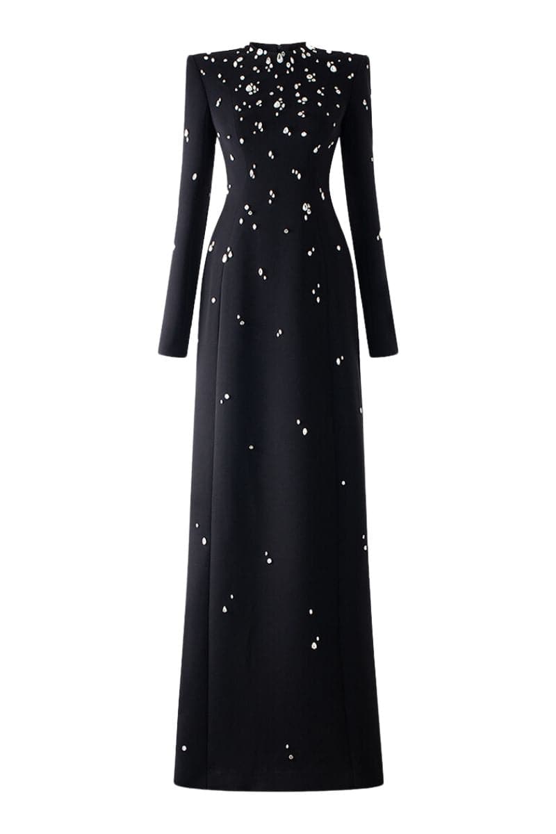 BLACK STONE-EMBELLISHED LONG-SLEEVE GOWN - CULT MIA