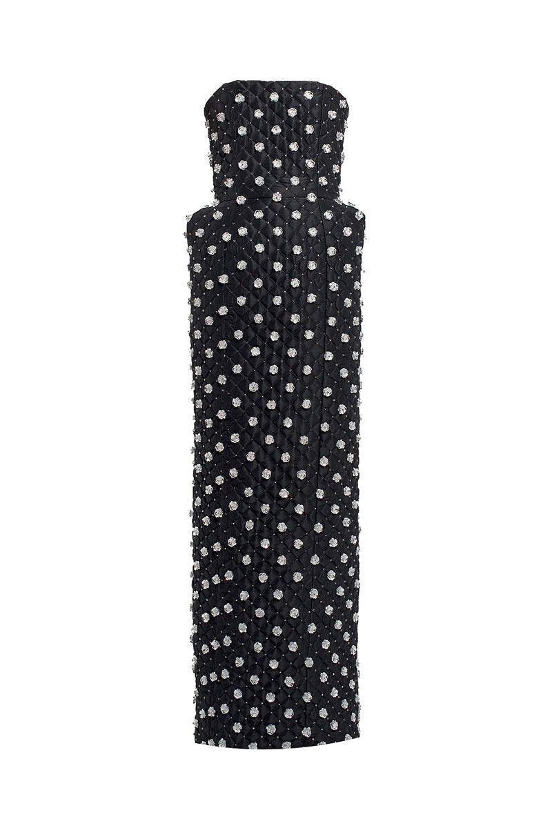QUILTED DRESS WITH SILVER FLOWER EMBROIDERY IN BLACK - CULT MIA