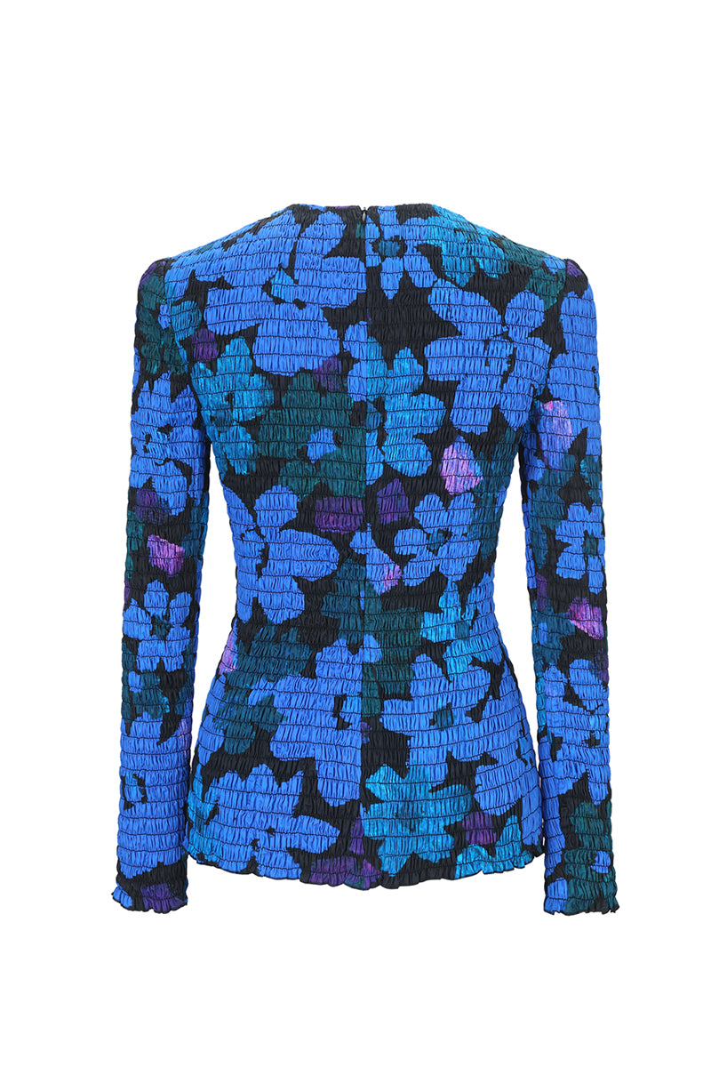 SHIRRED PRINTED TOP IN BLUE - CULT MIA