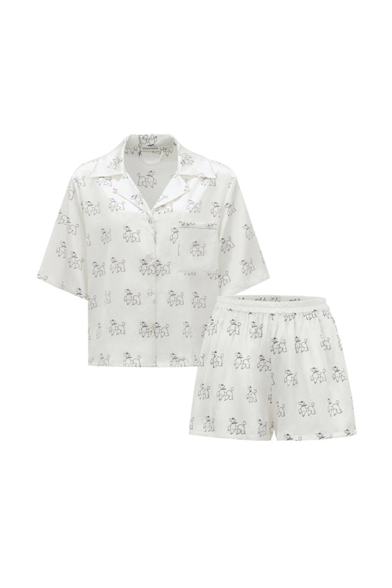 DIAMOND POODLES WHITE SILK PAJAMAS SHORT SET - CULT MIA