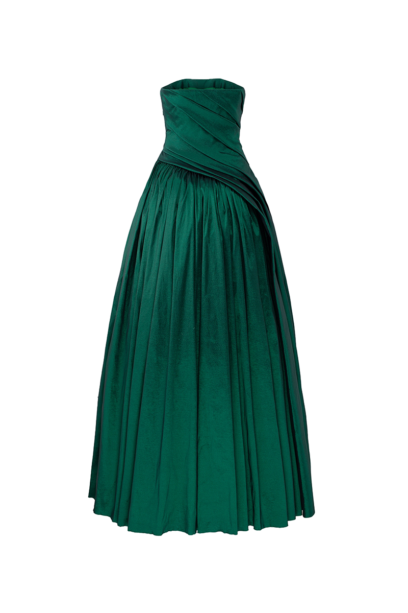 GREEN STRAPLESS DIAGONAL GATHERED GOWN - CULT MIA