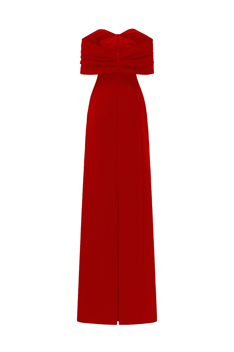 RED GATHERED OFF-SHOULDER GOWN - CULT MIA