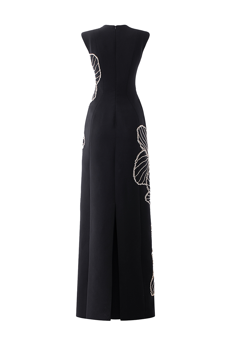 BLACK SLEEVELESS CRYSTAL ORCHID PATTERN GOWN - CULT MIA