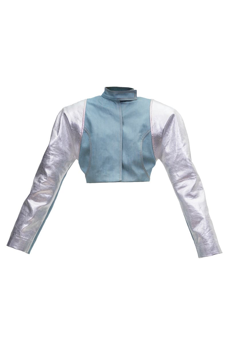 SILVER AND DENIM CROPPED HIGH-NECK BLAZER - CULT MIA