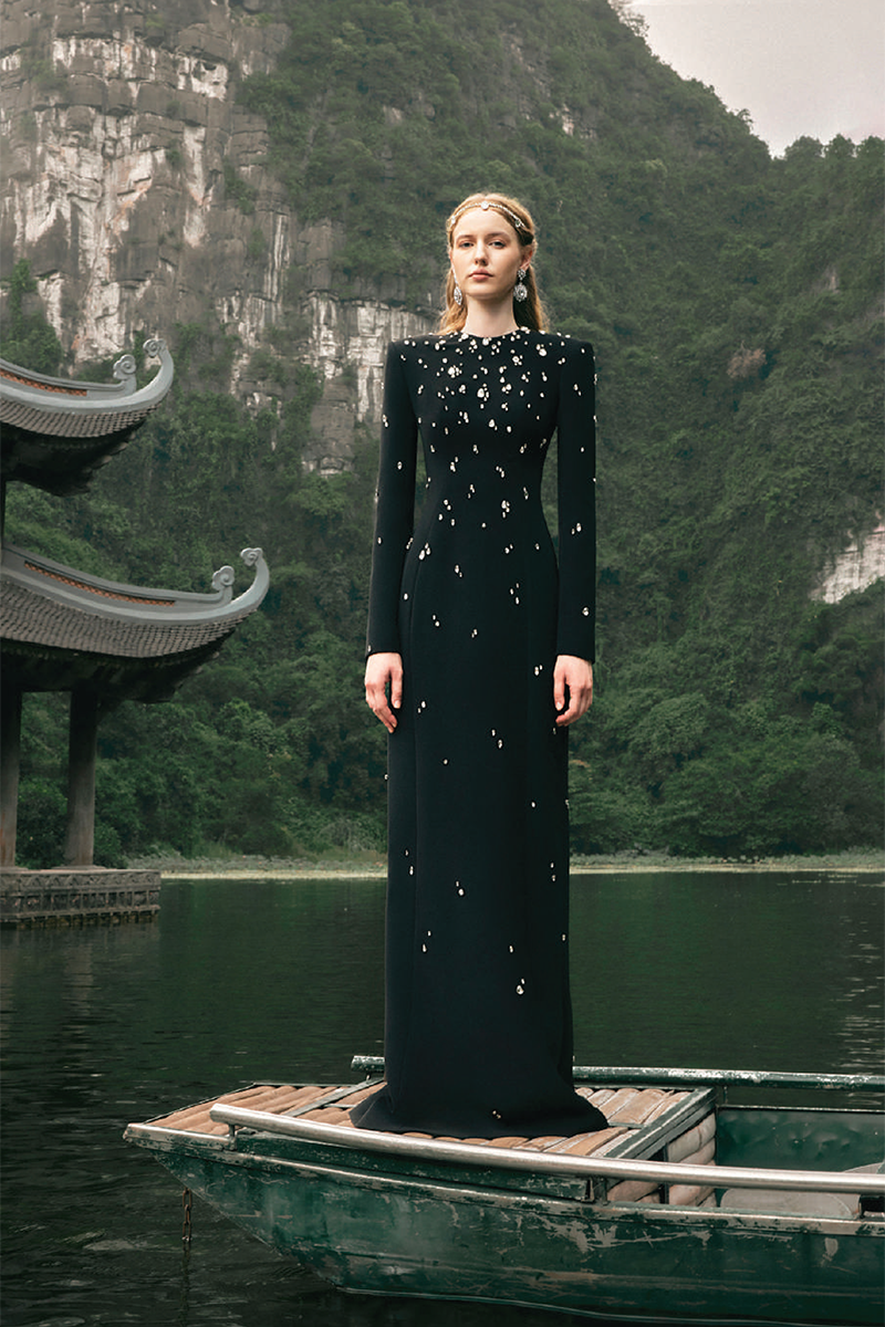 BLACK STONE-EMBELLISHED LONG-SLEEVE GOWN - CULT MIA