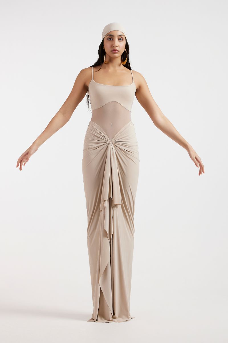 ASTRID DRAPED BEIGE GOWN - CULT MIA