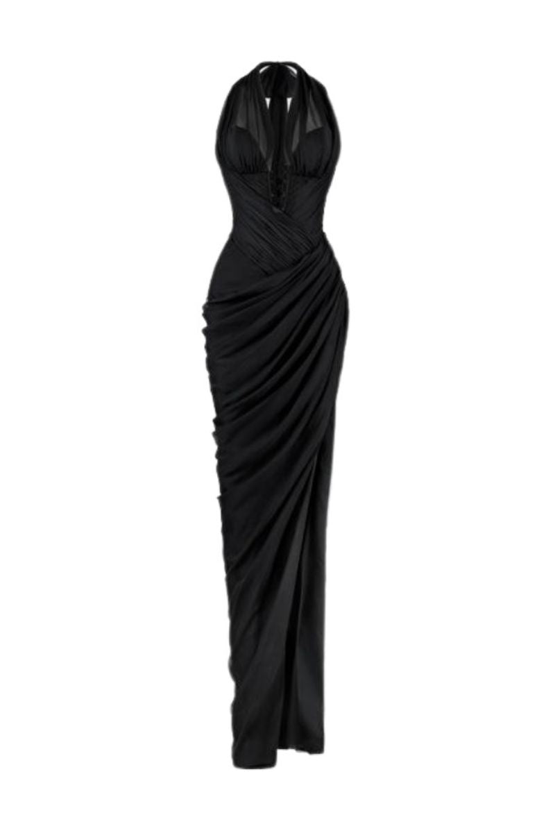 BLACK PLUNGE NECK CHIFFON GOWN | CULT MIA | CEM BLACK PLUNGE NECK CHIFFON GOWN | CULT MIA | CEM