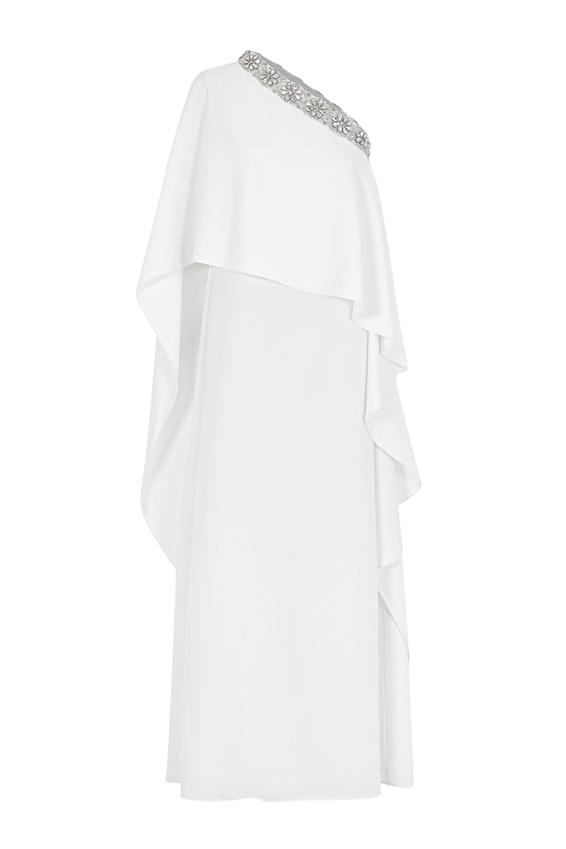 BEADED NECKLINE ASYMMETRICAL CAPE GOWN - CULT MIA