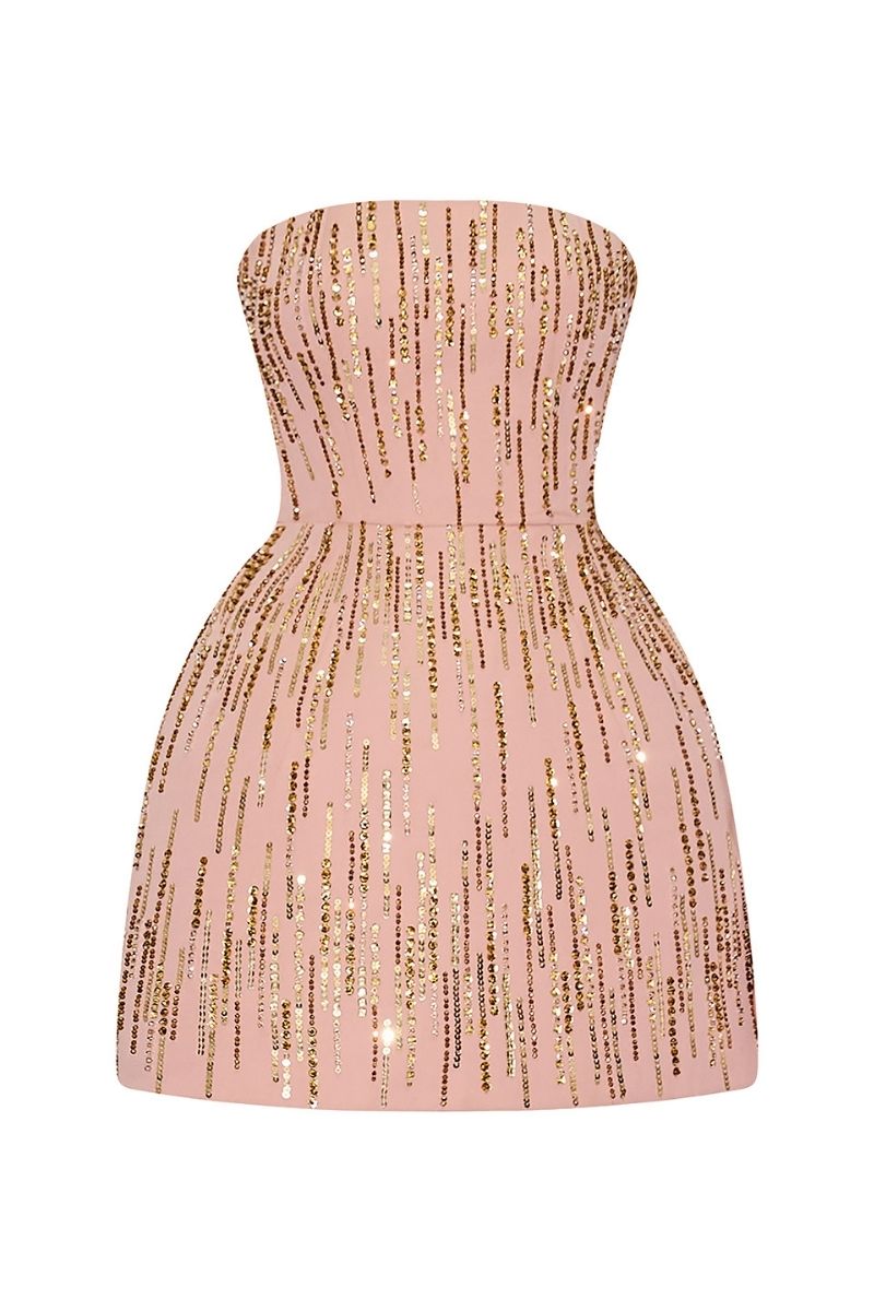 STRAPLESS BLUSH-TONED EMBELLISHMENT MINI DRESS - CULT MIA