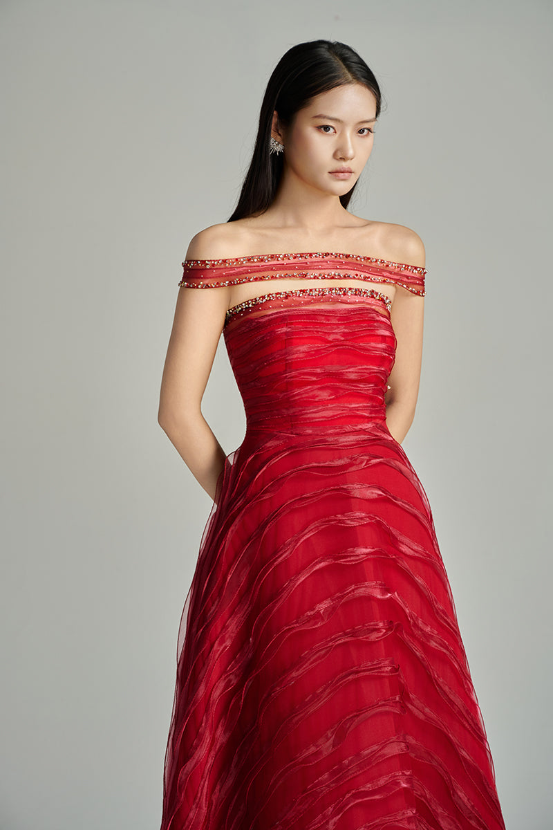 CULT MIA X HAPPY CLOTHING OFF-SHOULDER ORGANZA MAXI DRESS IN RED - CULT MIA