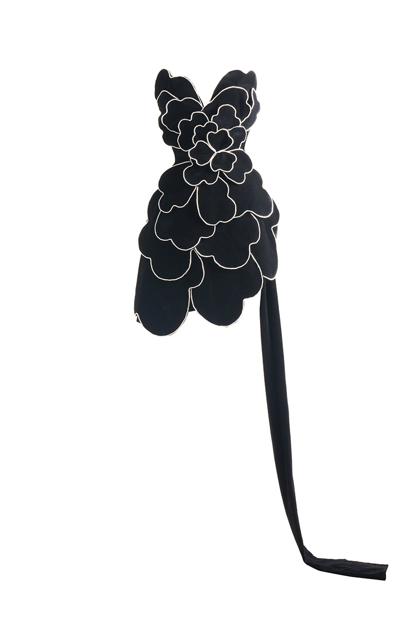 black petal mini dress Heiress Beverly Hills premium linen look corset petal detail mini dress in black