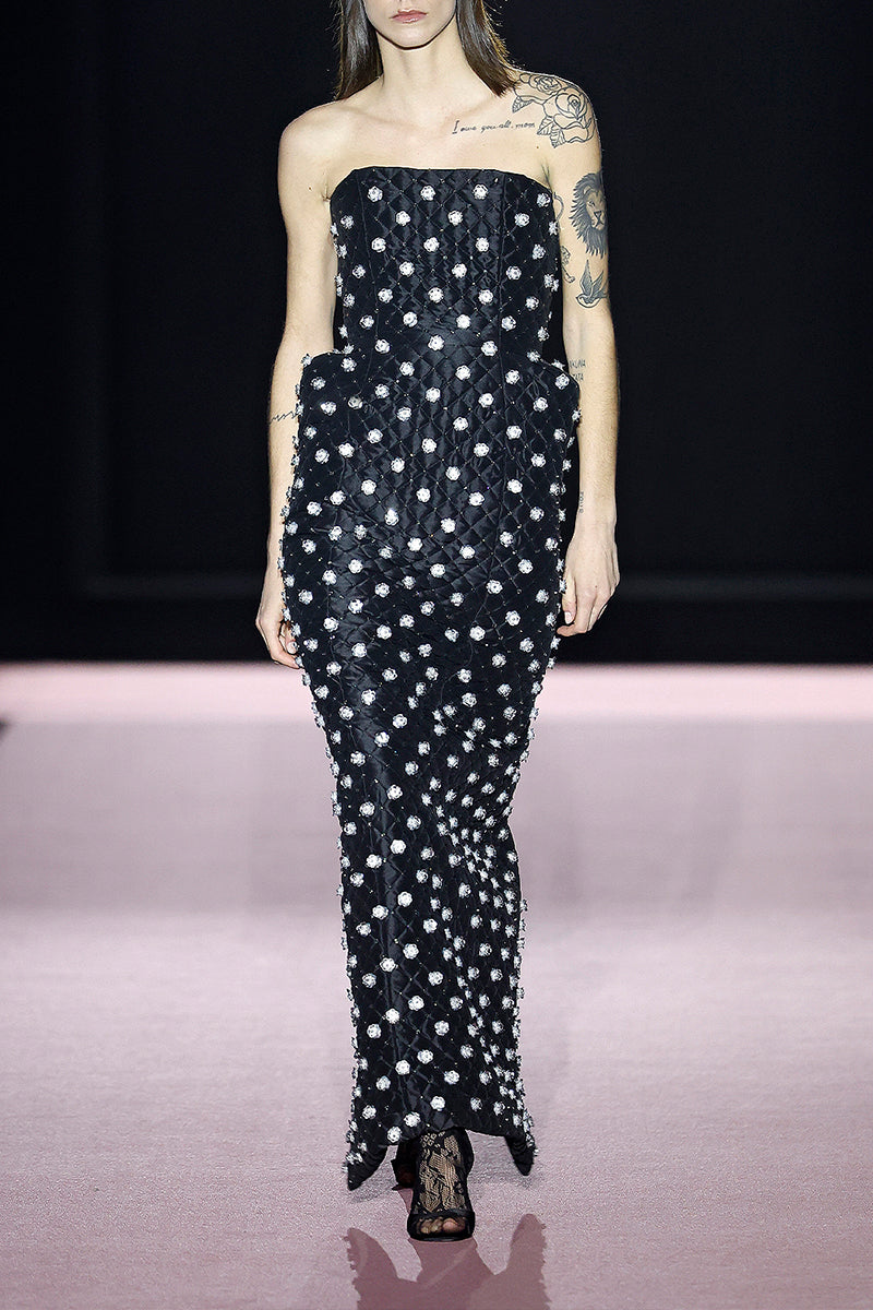 QUILTED DRESS WITH SILVER FLOWER EMBROIDERY IN BLACK - CULT MIA