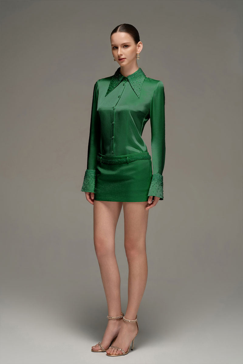SATIN SHIRT AND SKIRT SET IN DARK GREEN - CULT MIA