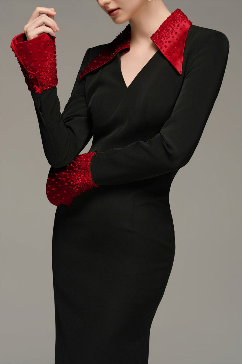 V-NECK FLARED CUFF KNEE LENGTH DRESS IN BLACK AND RED - CULT MIA