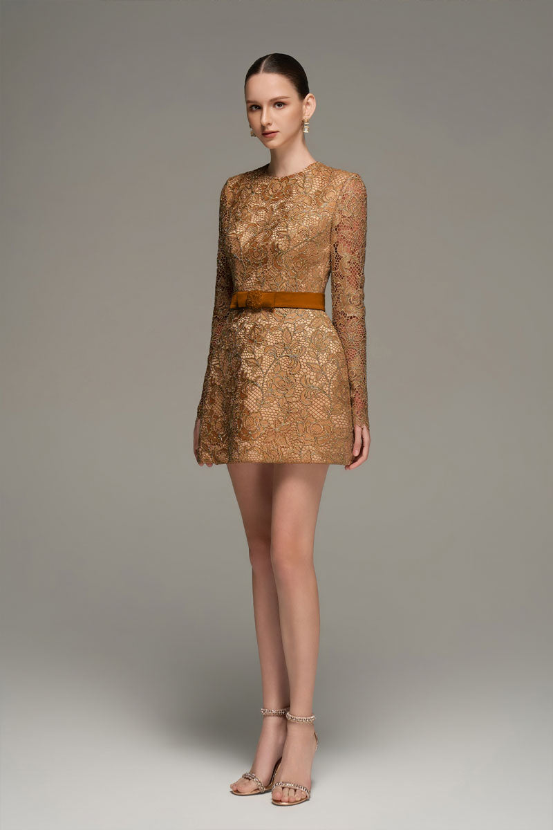 LONG SLEEVE LACE MINI DRESS IN BROWN - CULT MIA
