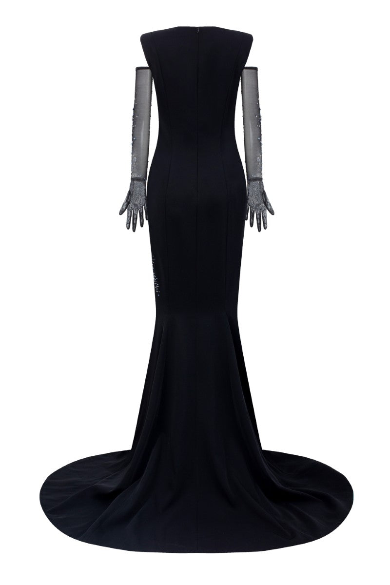 LEONA CREPE DRESS IN BLACK AND VELLANA TULLE GLOVES | CULT MIA | 21Six LEONA CREPE DRESS IN BLACK AND VELLANA TULLE GLOVES | CULT MIA | 21Six