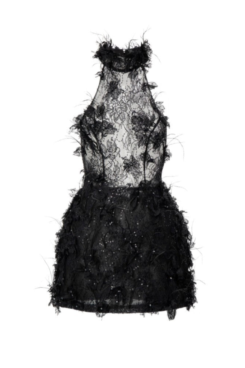 ASAD LACE FLOWER AND FEATHER DRESS IN BLACK - CULT MIA