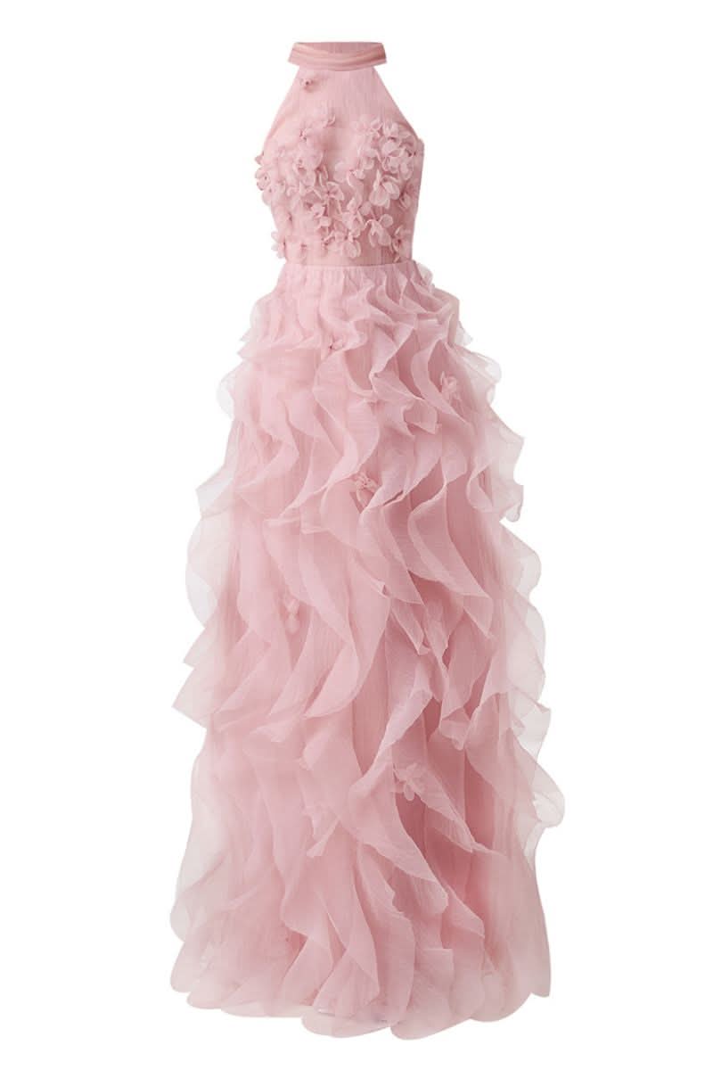 strapless open back dress PINK LAYERED STONE ORGANZA FLORAL EMBELLISHED GOWN | CULT MIA strapless open back dress PINK LAYERED STONE ORGANZA FLORAL EMBELLISHED GOWN | CULT MIA