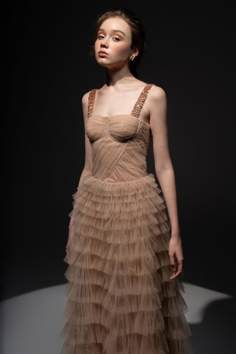 BEIGE LAURENT TULLE LAYERED MAXI DRESS | 21Six | CULT MIA