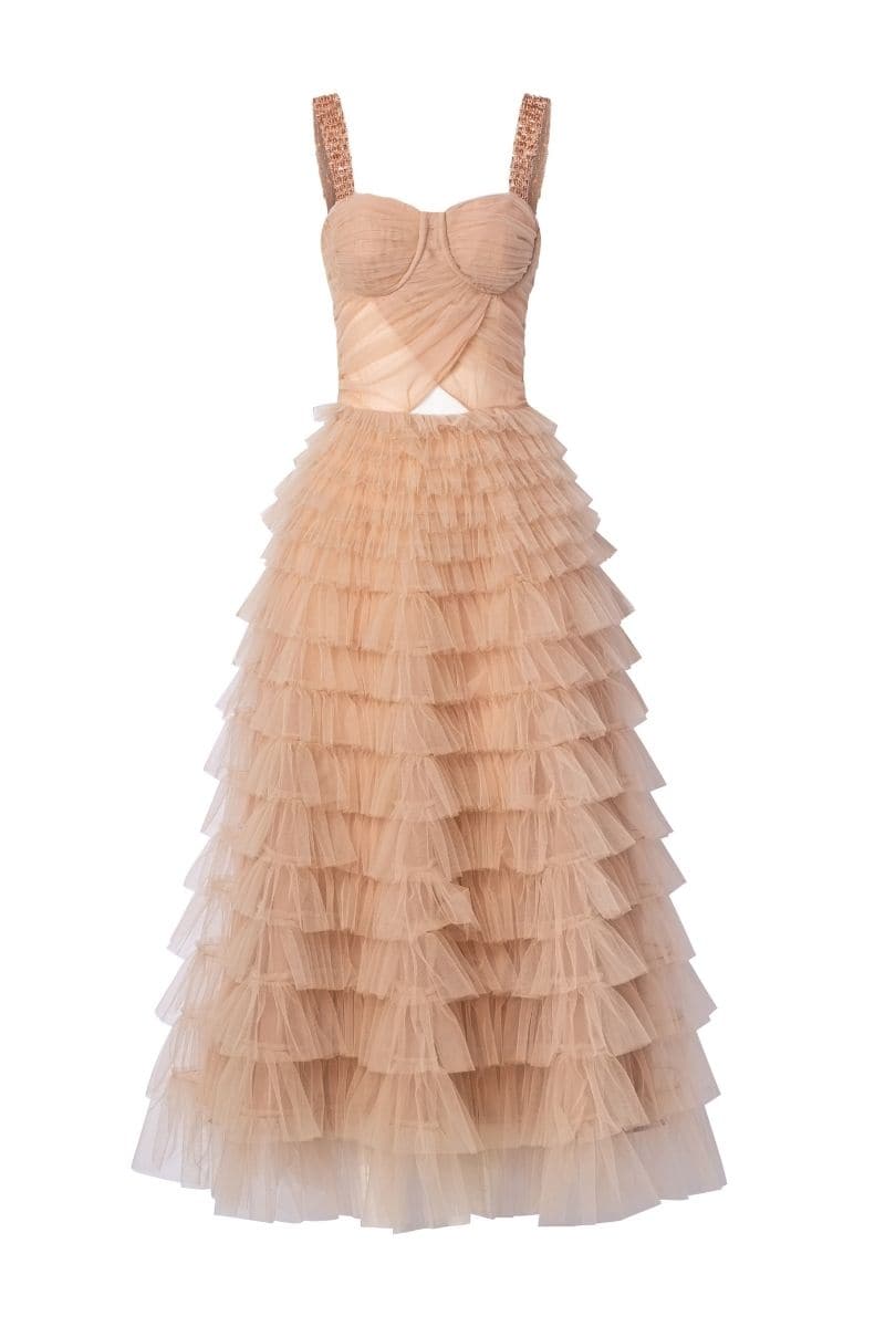 BEIGE LAURENT TULLE LAYERED MAXI DRESS | 21Six | CULT MIA