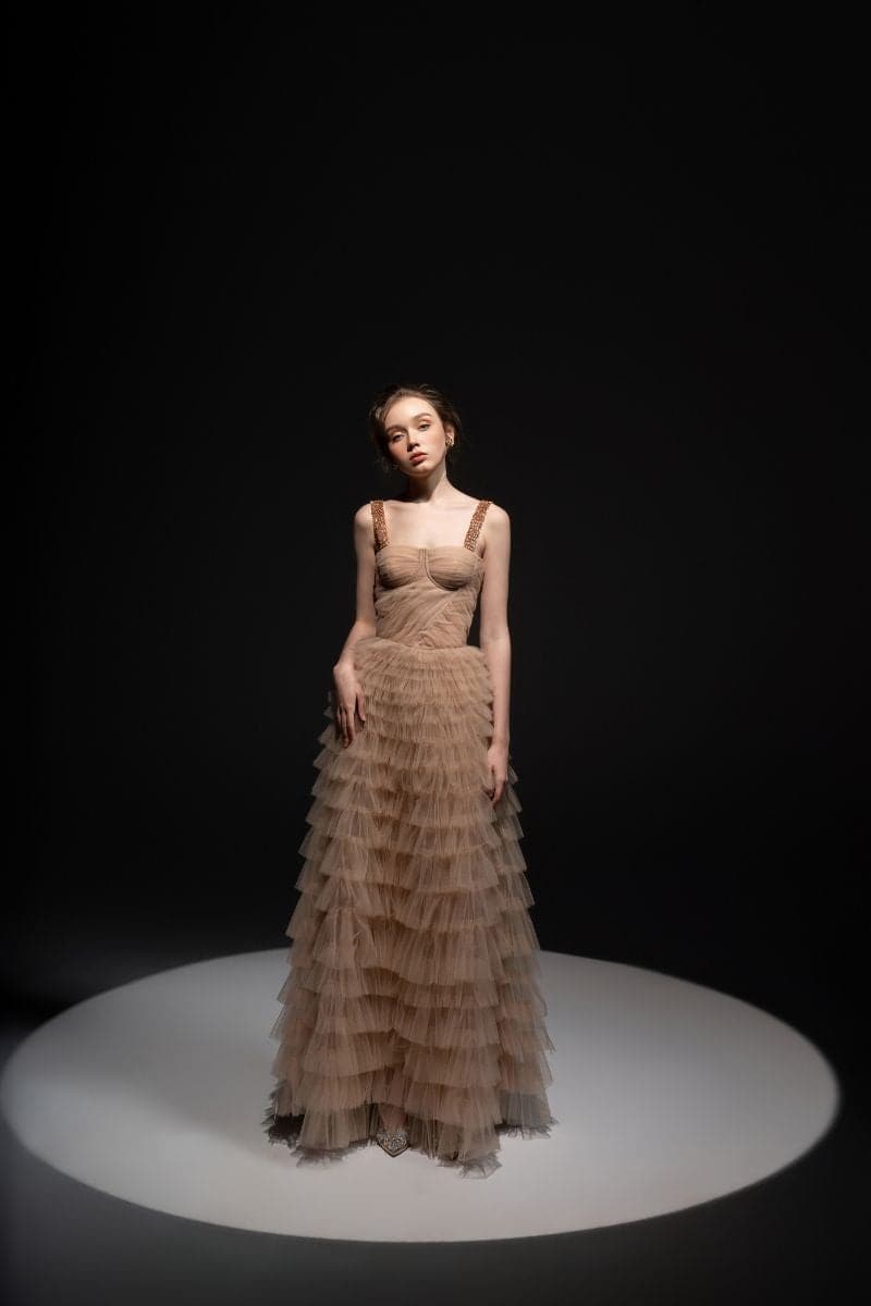 BEIGE LAURENT TULLE LAYERED MAXI DRESS | 21Six | CULT MIA