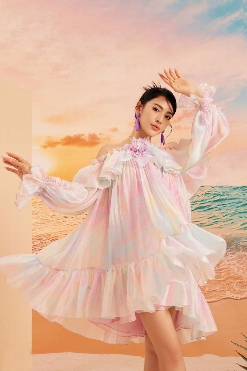 RAINBOW SOPHIE SHINY SILK OFF SHOULDER MINI DRESS | 21Six | CULT MIA