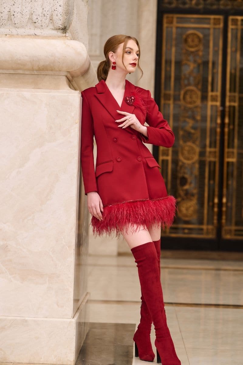 RED ROSA TAFFETA FEATHER BLAZER DRESS | 21Six | CULT MIA