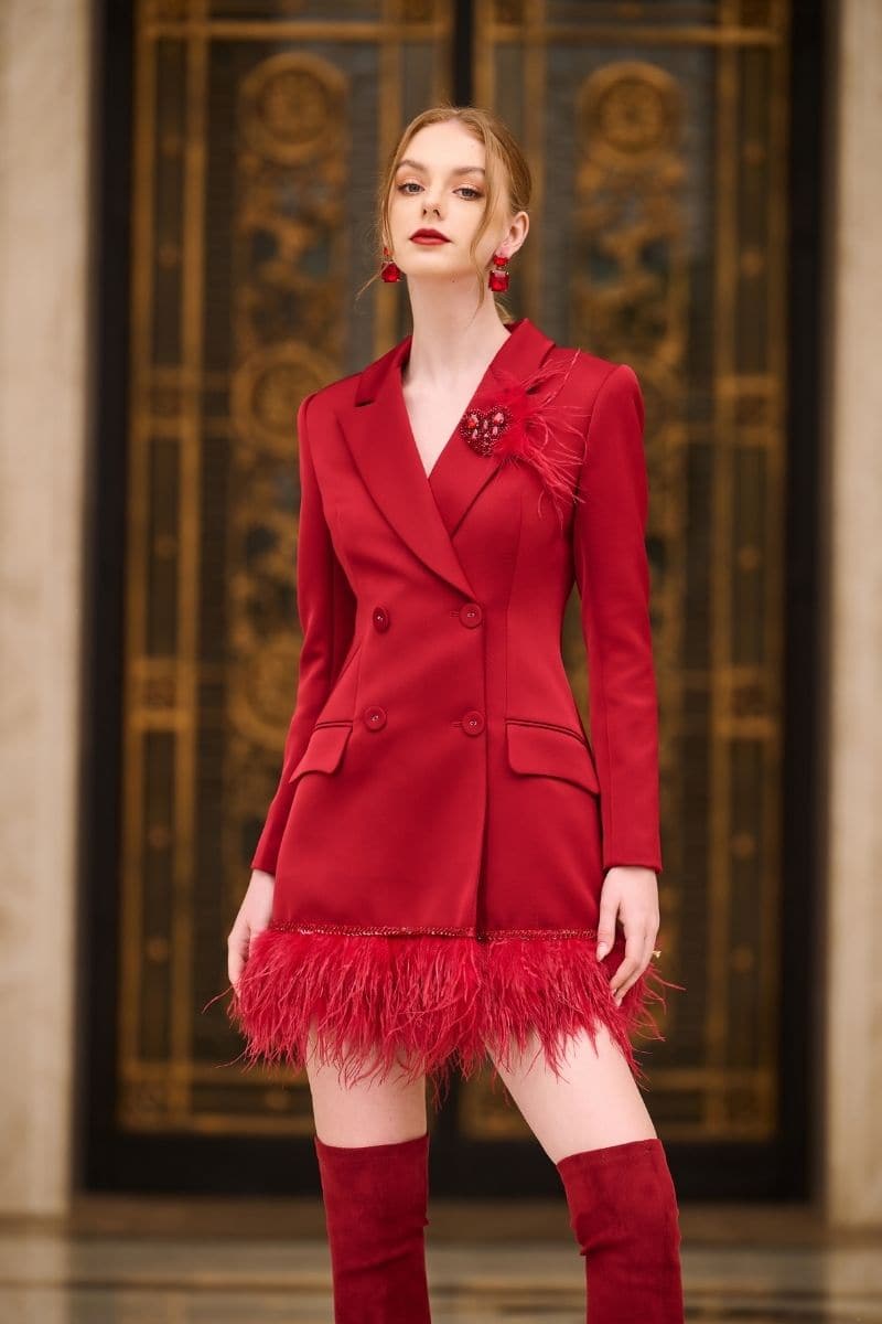 RED ROSA TAFFETA FEATHER BLAZER DRESS | 21Six | CULT MIA