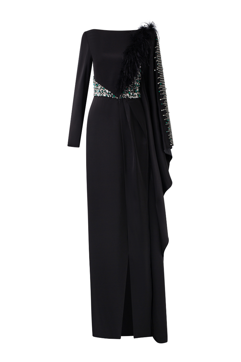 black satin feather dress WHO IS SHE SATIN FEATHER MAXI DRESS IN BLACK AKIRA