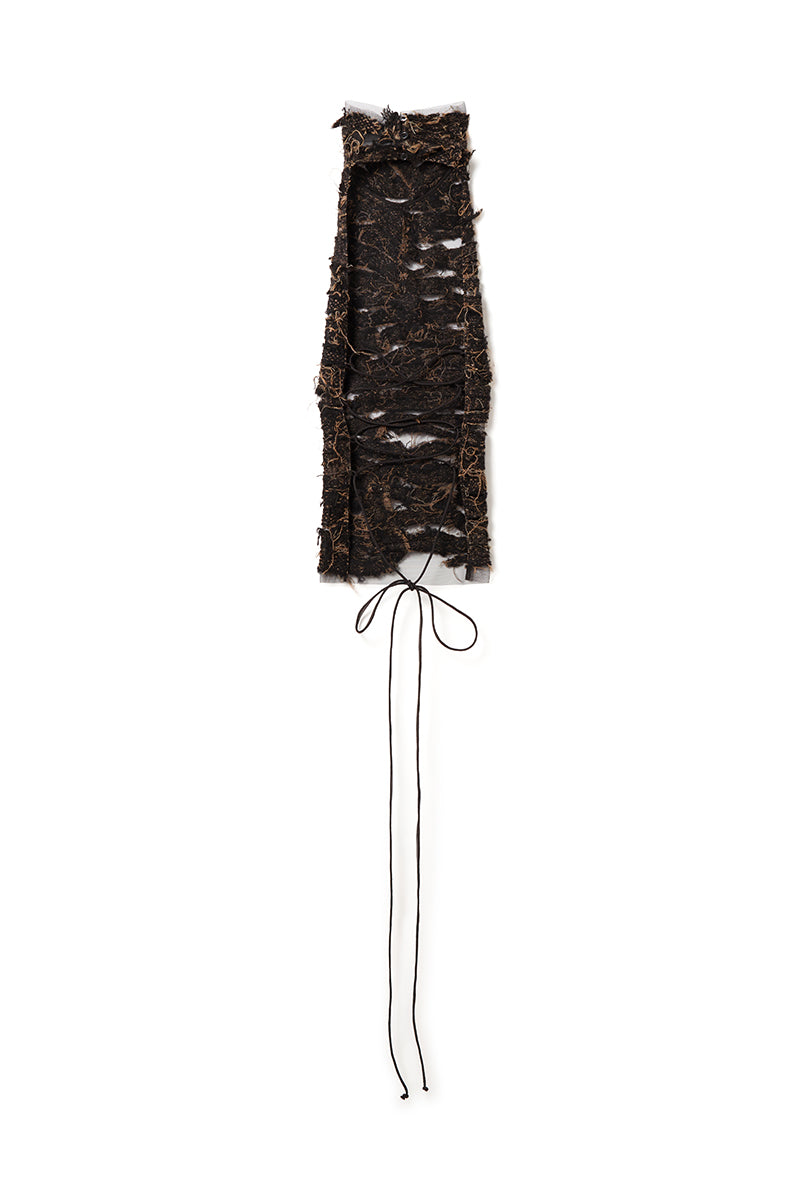 DETRUIRE TEXTURED TWEED AND TULLE HALTER NECK TOP IN BLACK/CARAMEL - CULT MIA