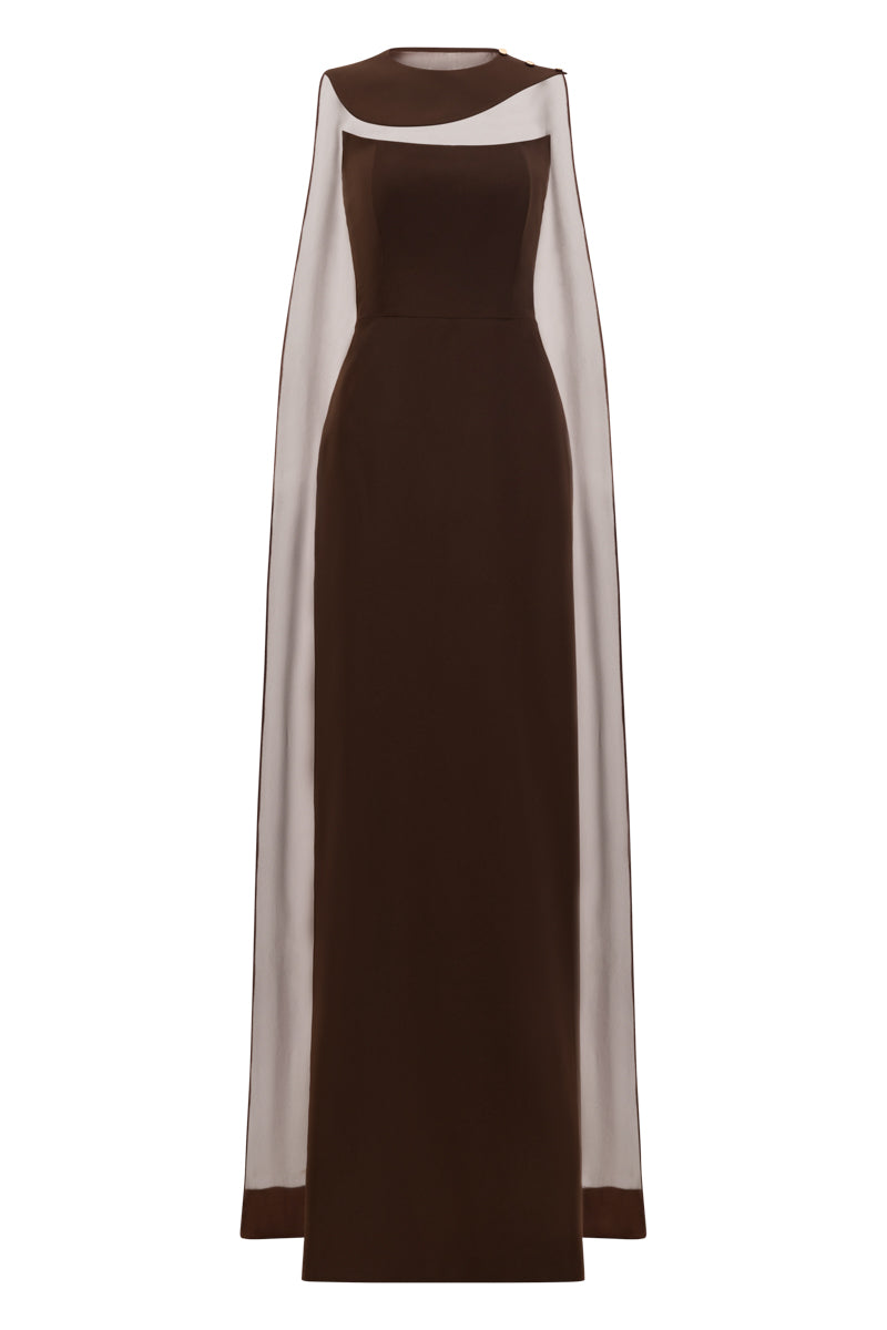 ELEGANT CREPE AND CHIFFON CAPED GOWN IN BROWN - CULT MIA