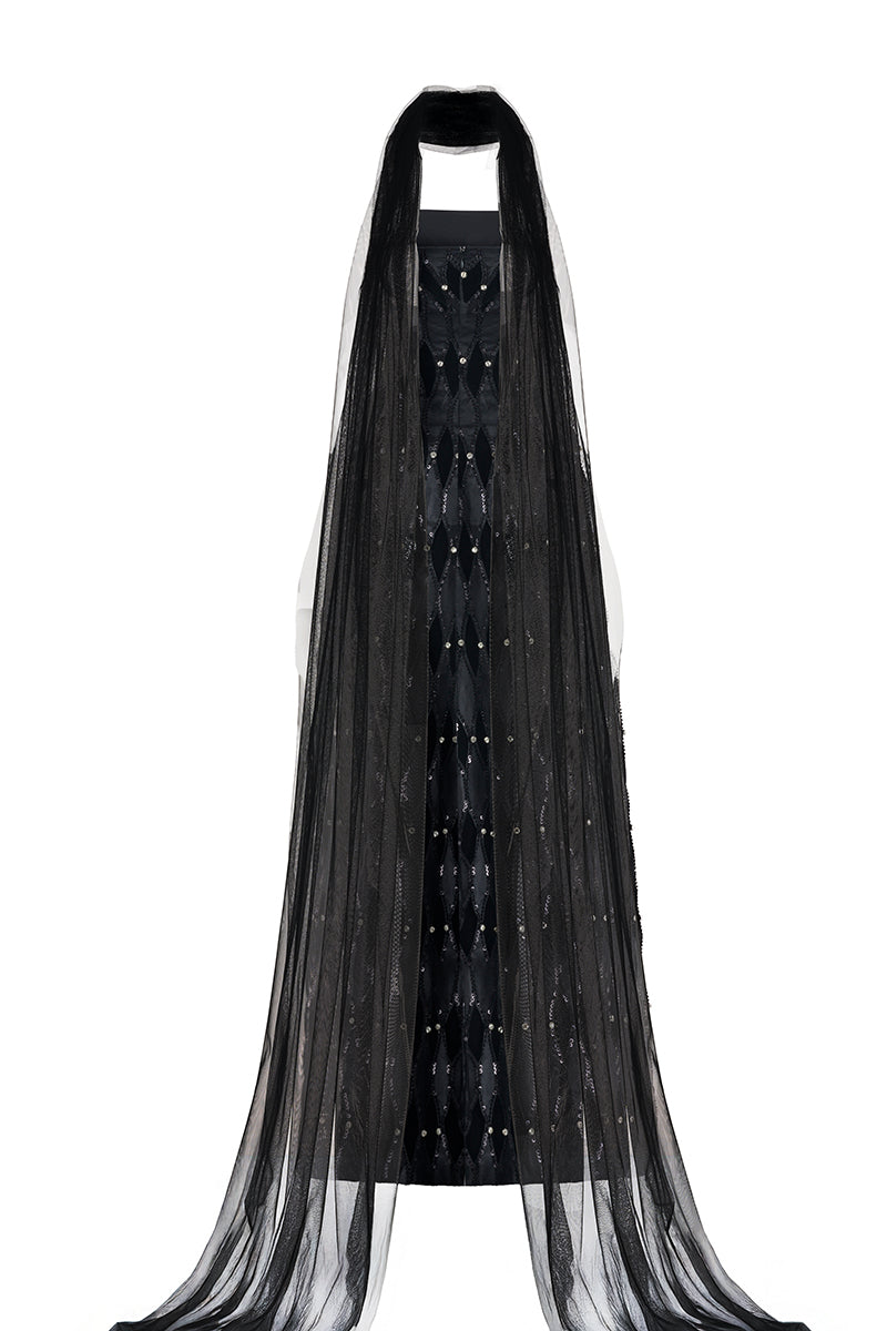STRAPLESS STONE FLOOR LENGTH BLACK DRESS WITH SCARF DETAIL - CULT MIA