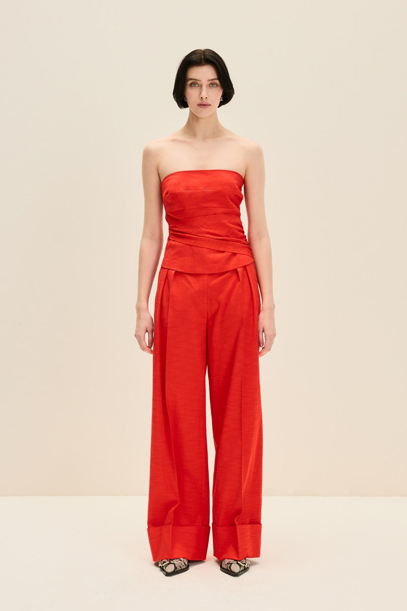 WIDE-LEG CUFFED PANTS IN CHERRY RED - CULT MIA