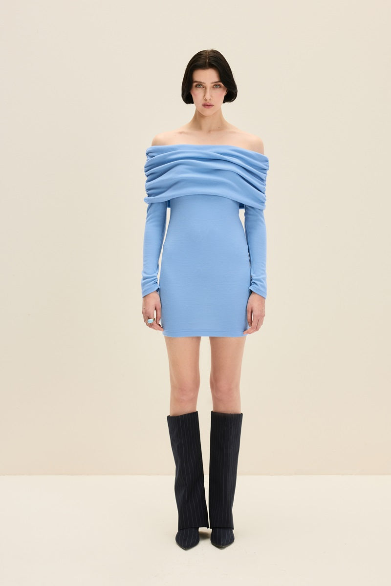 OFF SHOULDER MINI DRESS IN ARCTIC BLUE - CULT MIA