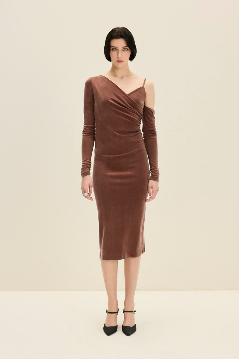 ASYMMETRIC CUPRO DRESS IN CHOCOLATE BROWN - CULT MIA
