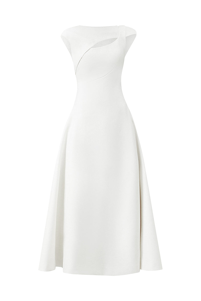 HOLLYHOCK A-LINE CUT-OUT CREPE MIDI DRESS IN WHITE | CULT MIA | LECIA HOLLYHOCK A-LINE CUT-OUT CREPE MIDI DRESS IN WHITE | CULT MIA | LECIA