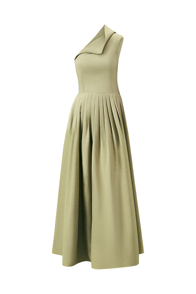 CROSSANDRA A-LINE WAIST PLEATED TWILL MIDI DRESS - CULT MIA